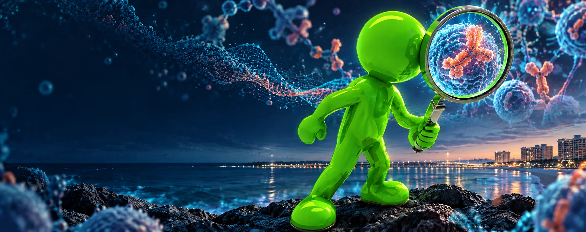 A researcher figure studies a cell under a lens on the Destin shore, with molecular forms in the night sky.